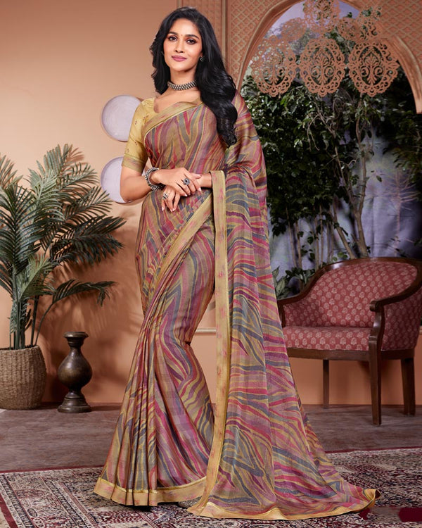 Vishal Prints Multi Color Printed Fancy Chiffon Saree With Border