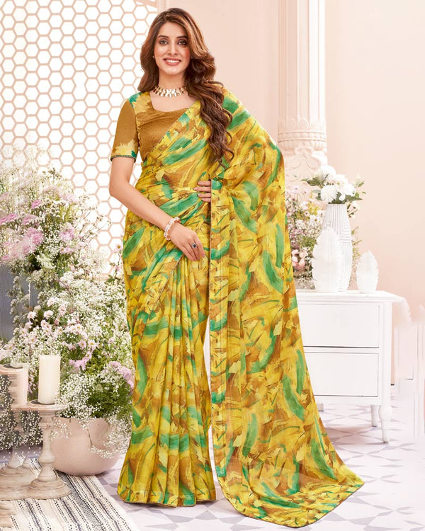 Vishal Prints Lime Yellow Fancy Chiffon Digital Print Saree With Core Piping