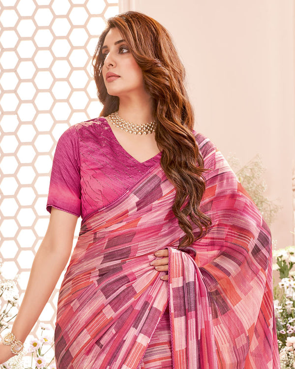 Vishal Prints Blush Pink Fancy Chiffon Digital Print Saree With Core Piping
