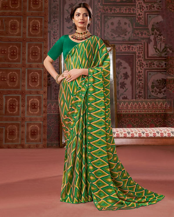 Vishal Prints Dark Sea Green Printed Fancy Chiffon Saree With Core Piping