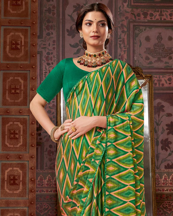 Vishal Prints Dark Sea Green Printed Fancy Chiffon Saree With Core Piping