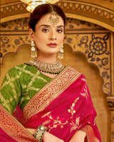 Vishal Prints Pinkish Red Tissue Weaving Saree With Stone Work And Tassel