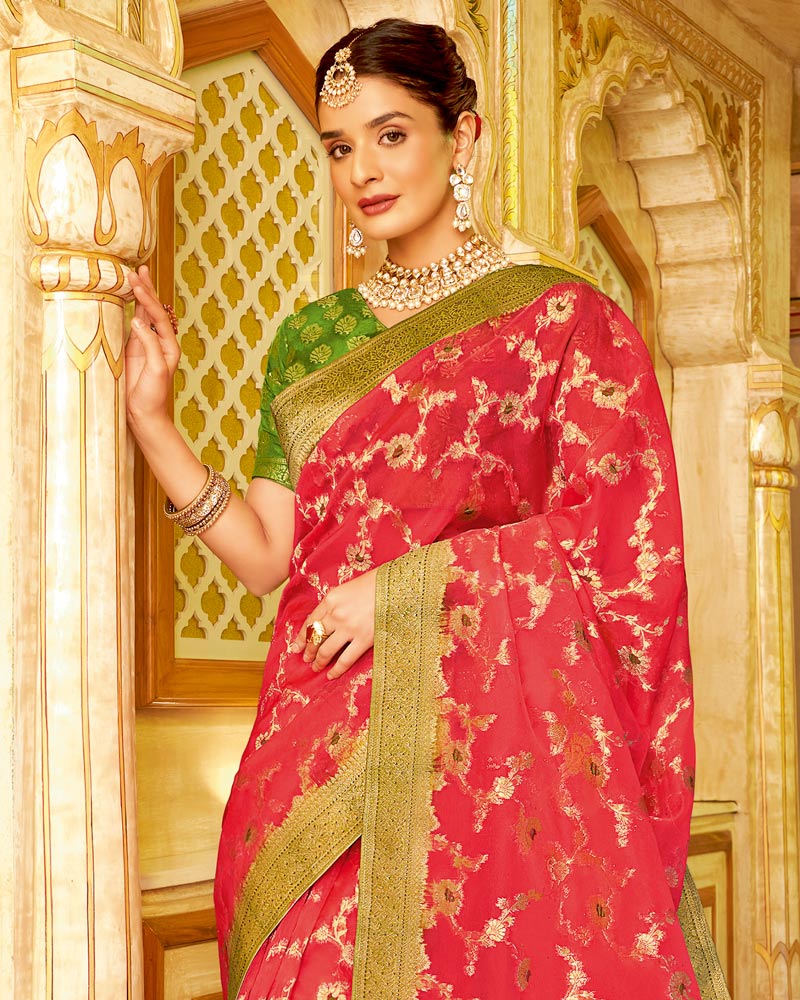 Vishal Prints Pastel Red Tissue Weaving Saree With Stone Work And Tassel