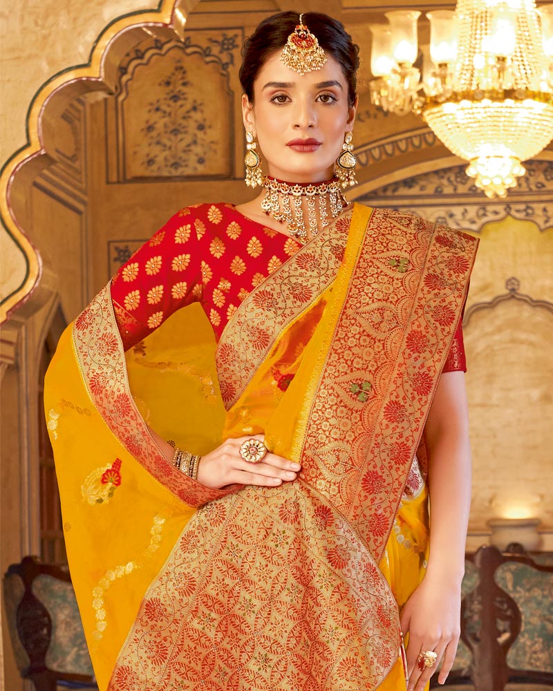 Vishal Prints Dark Yellow Tissue Weaving Saree With Stone Work And Tassel