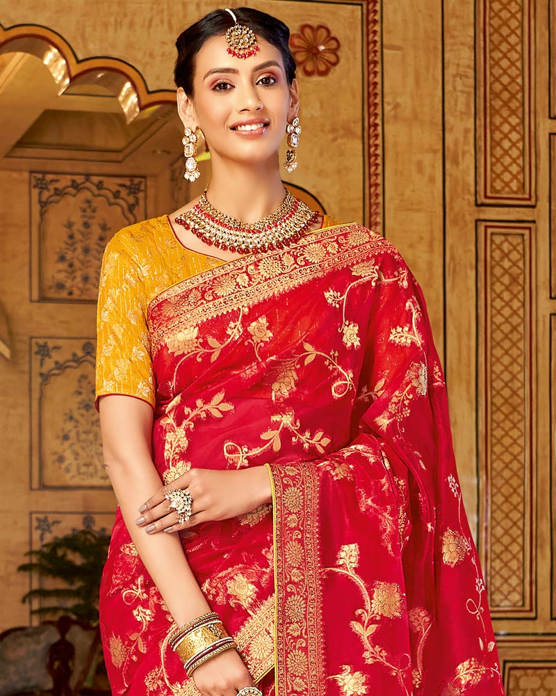 Vishal Prints Cherry Red Tissue Weaving Saree With Stone Work And Tassel