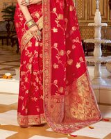 Vishal Prints Cherry Red Tissue Weaving Saree With Stone Work And Tassel