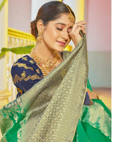 Vishal Prints Jade Green Organza Zari Weaving Saree With Diamond Work And Tassel