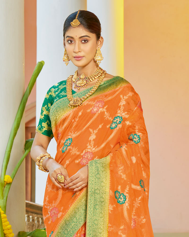 Vishal Prints Orange Organza Zari Weaving Saree With Diamond Work And Tassel