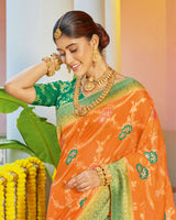 Vishal Prints Orange Organza Zari Weaving Saree With Diamond Work And Tassel