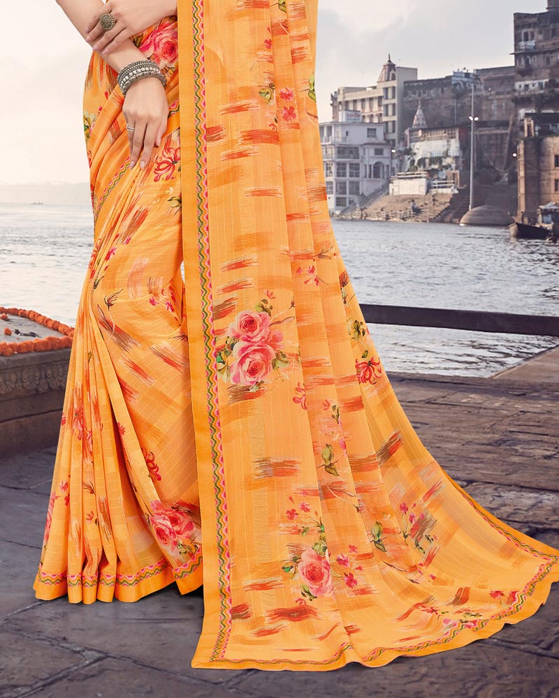 Vishal Prints Saffron Color Printed Patterned Georgette Saree With Border
