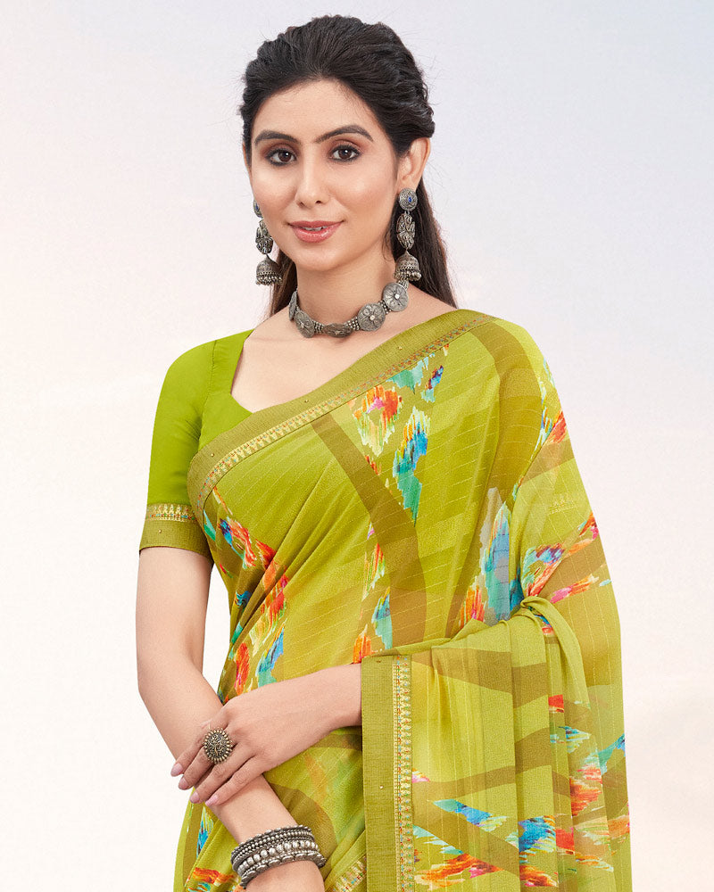 Vishal Prints Olive Yellow Printed Patterned Georgette Saree With Border