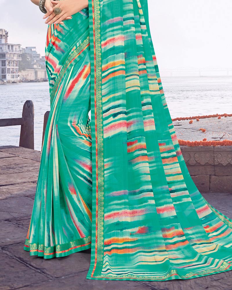Vishal Prints Aqua Green Printed Patterned Georgette Saree With Border