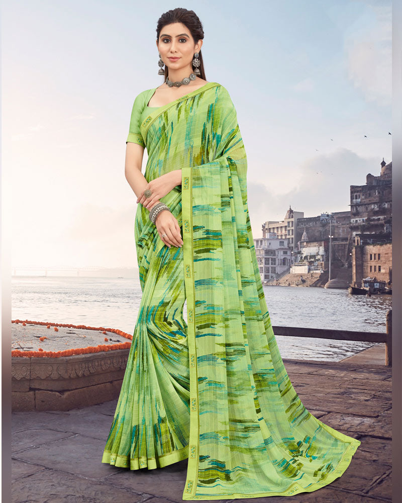 Vishal Prints Pastel Green Printed Patterned Georgette Saree With Border