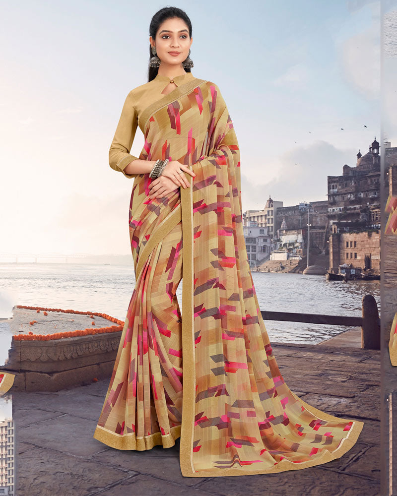 Vishal Prints Fawn Printed Patterned Georgette Saree With Border