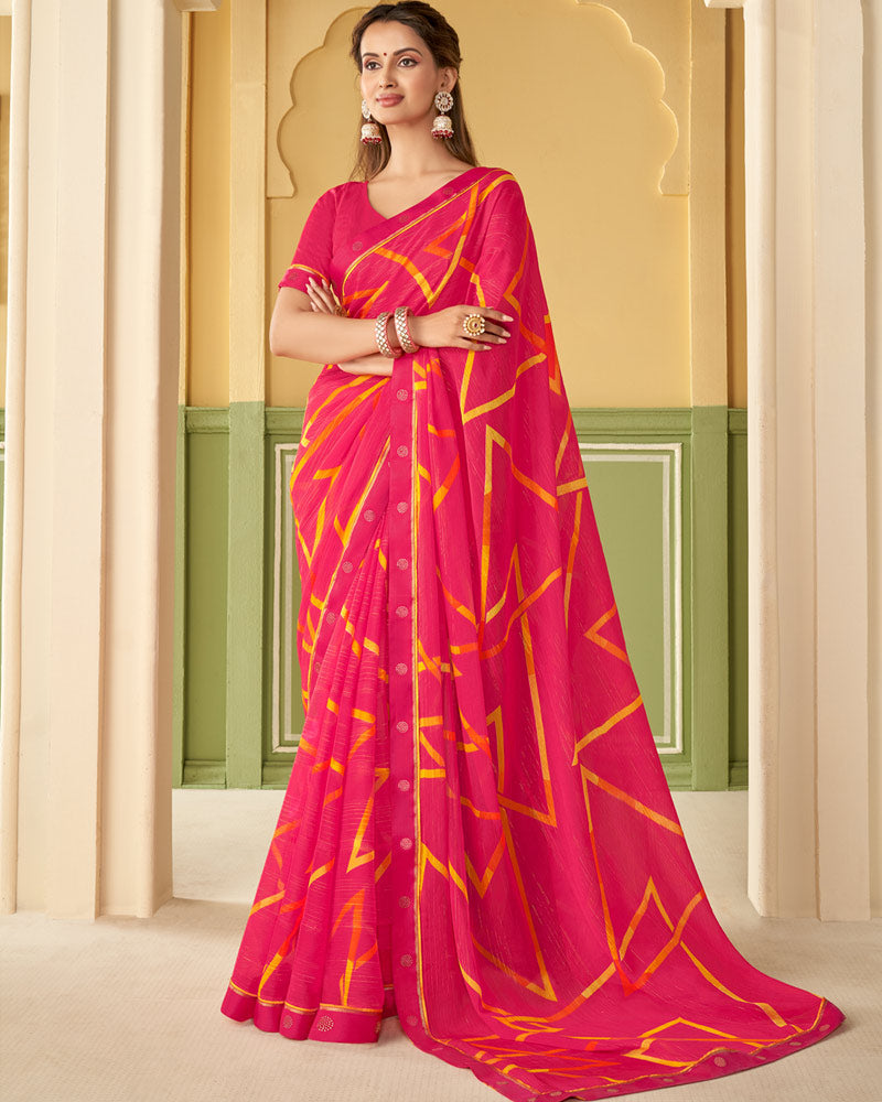 Vishal Prints Red Pink Printed Chiffon Saree With Border