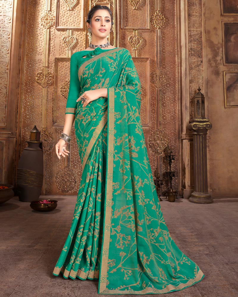 Vishal Prints Teal Green Printed Cotton Crepe Saree With Fancy Border