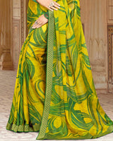 Vishal Prints Lime Yellow Printed Chiffon Saree With Border