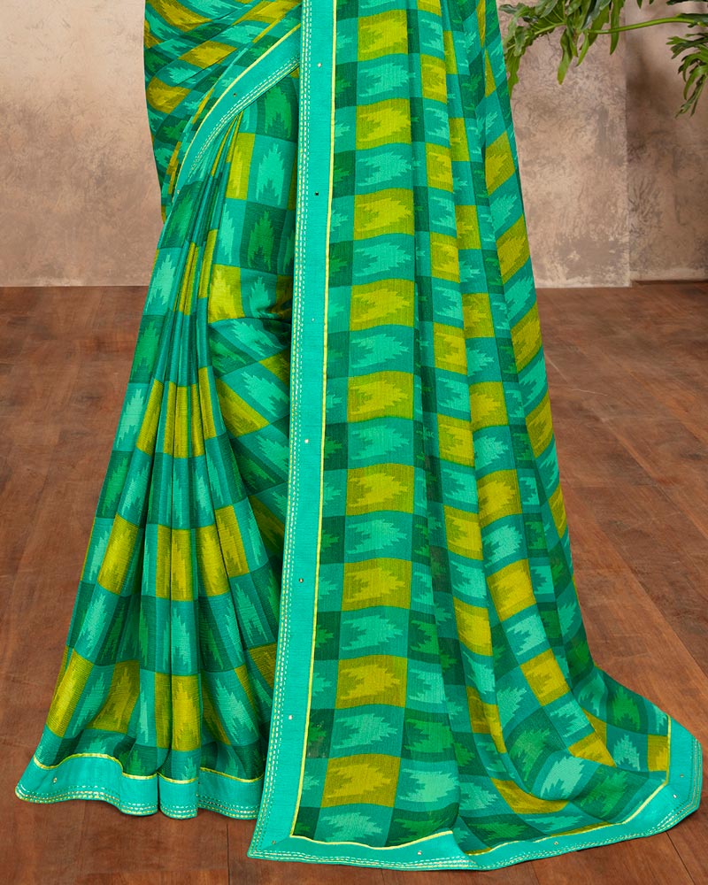 Vishal Prints Aqua Green Printed Chiffon Saree With Border