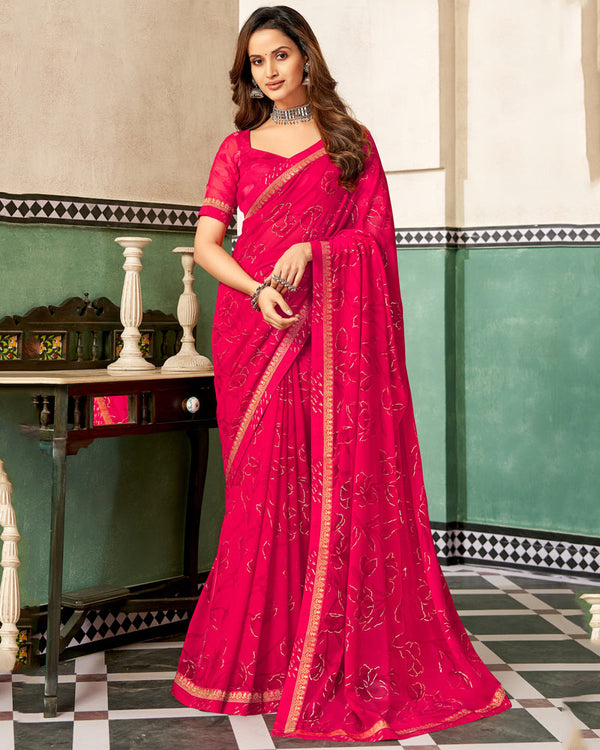Vishal Prints Crimson Red Printed Georgette Saree With Foil Print And Fancy Border