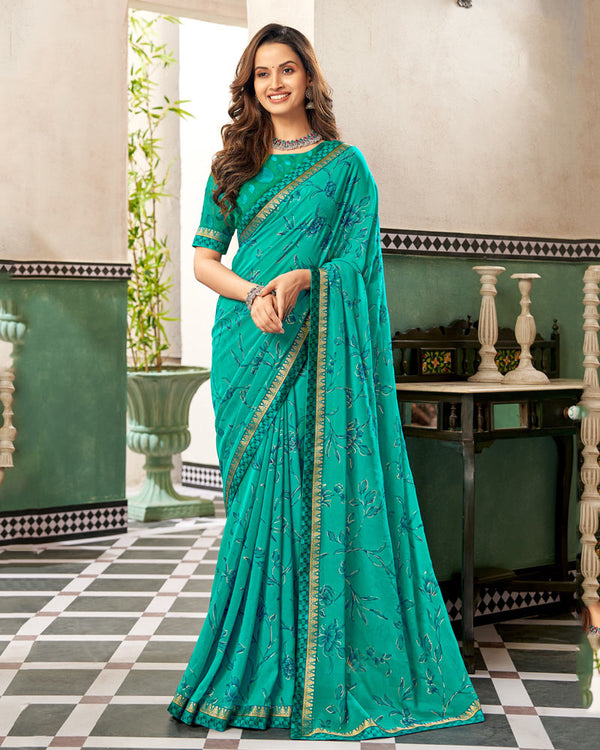 Vishal Prints Teal Green Printed Georgette Saree With Foil Print And Fancy Border