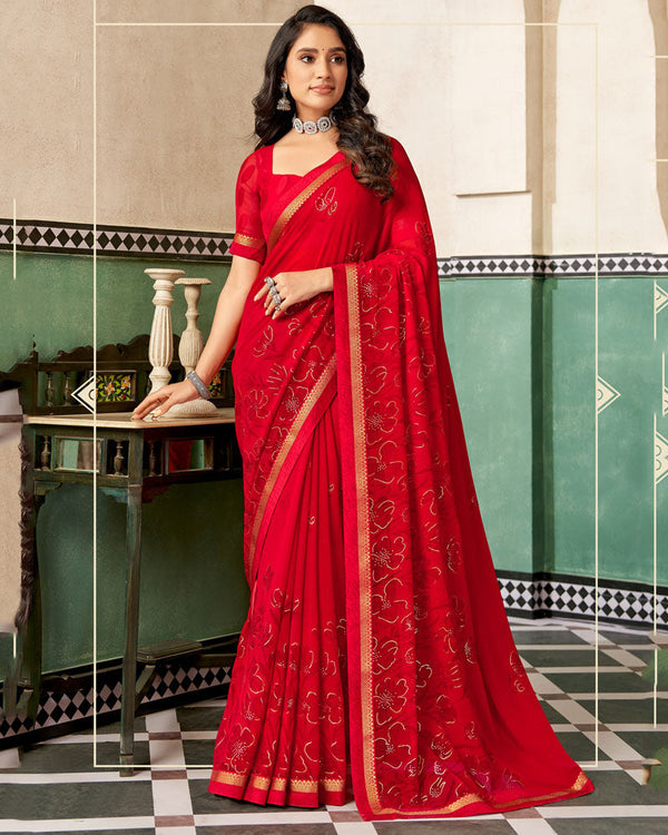Vishal Prints Cherry Red Printed Georgette Saree With Foil Print And Fancy Border