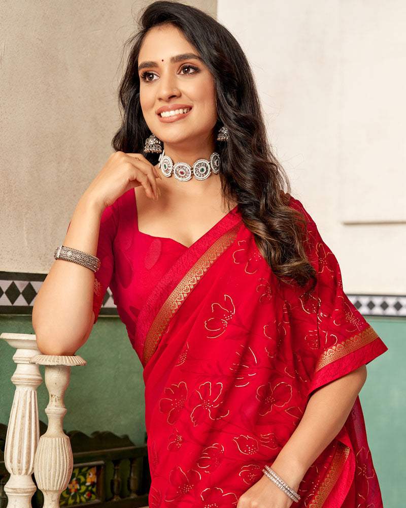 Vishal Prints Cherry Red Printed Georgette Saree With Foil Print And Fancy Border