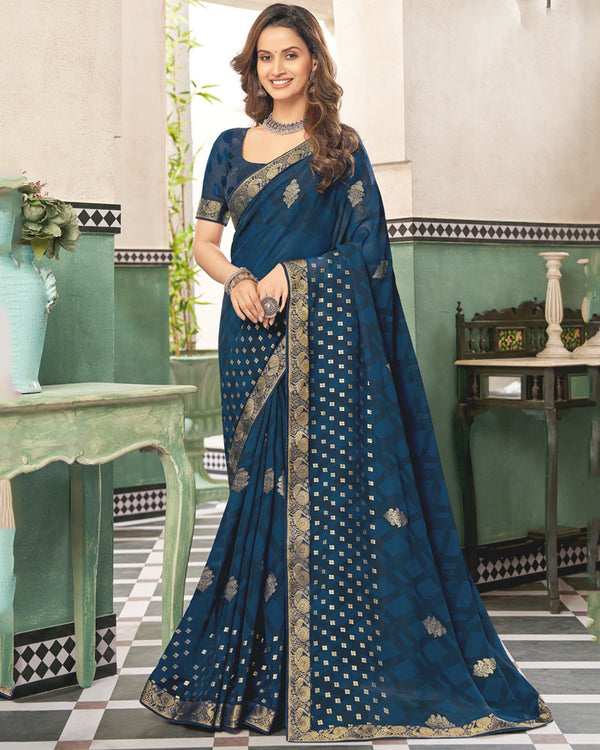 Vishal Prints Prussian Blue Printed Georgette Saree With Foil Print And Fancy Border