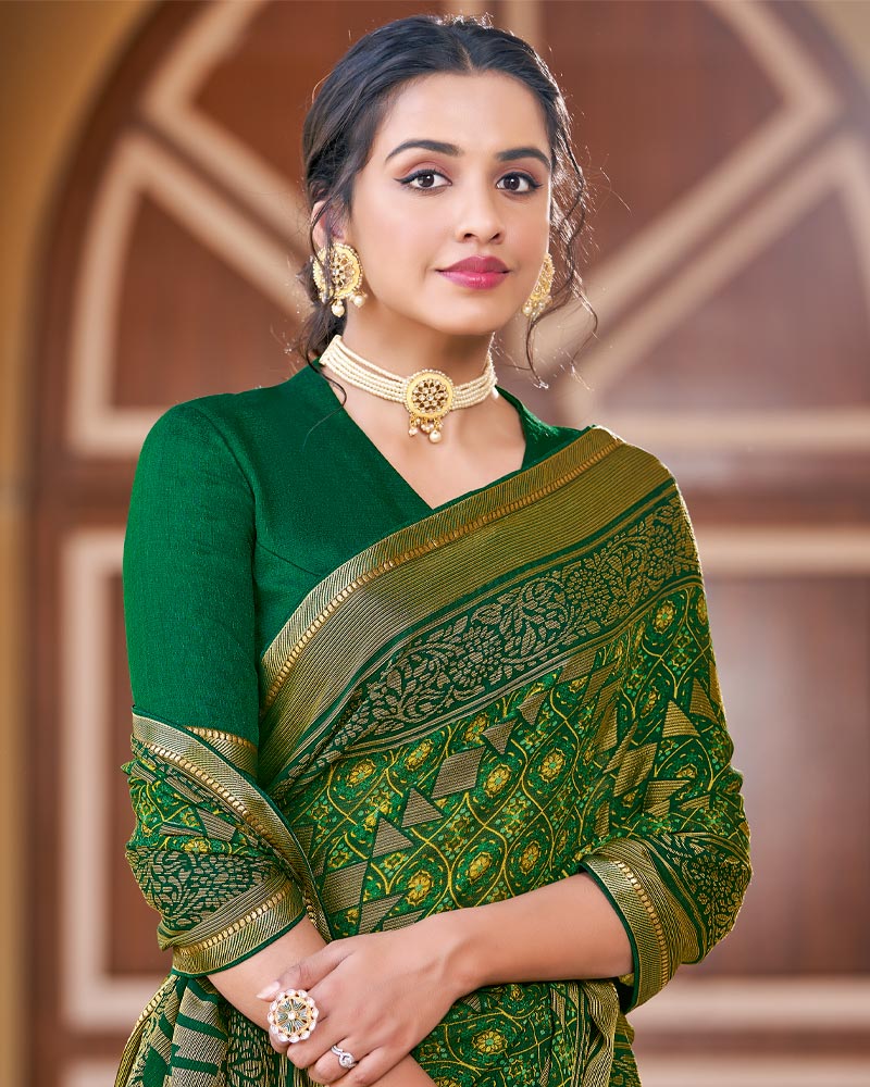 Vishal Prints Green Printed Brasso Saree With Border