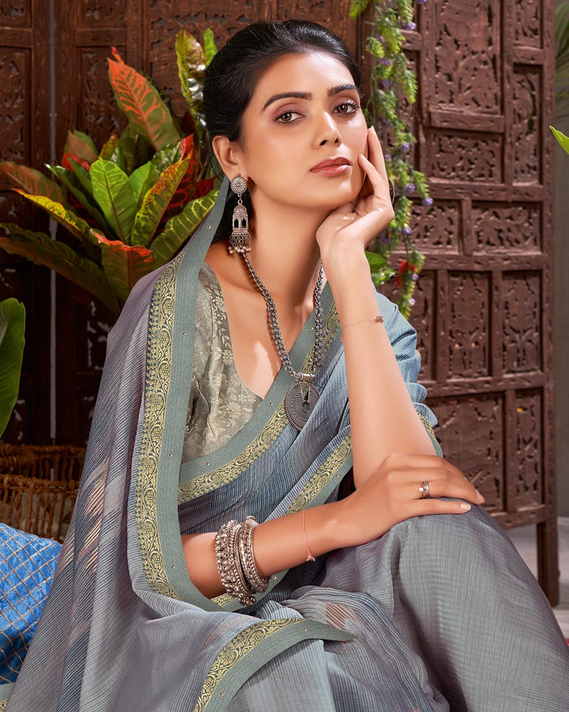 Vishal Prints Grey Designer Fancy Chiffon Saree With Foil Print And Fancy Border