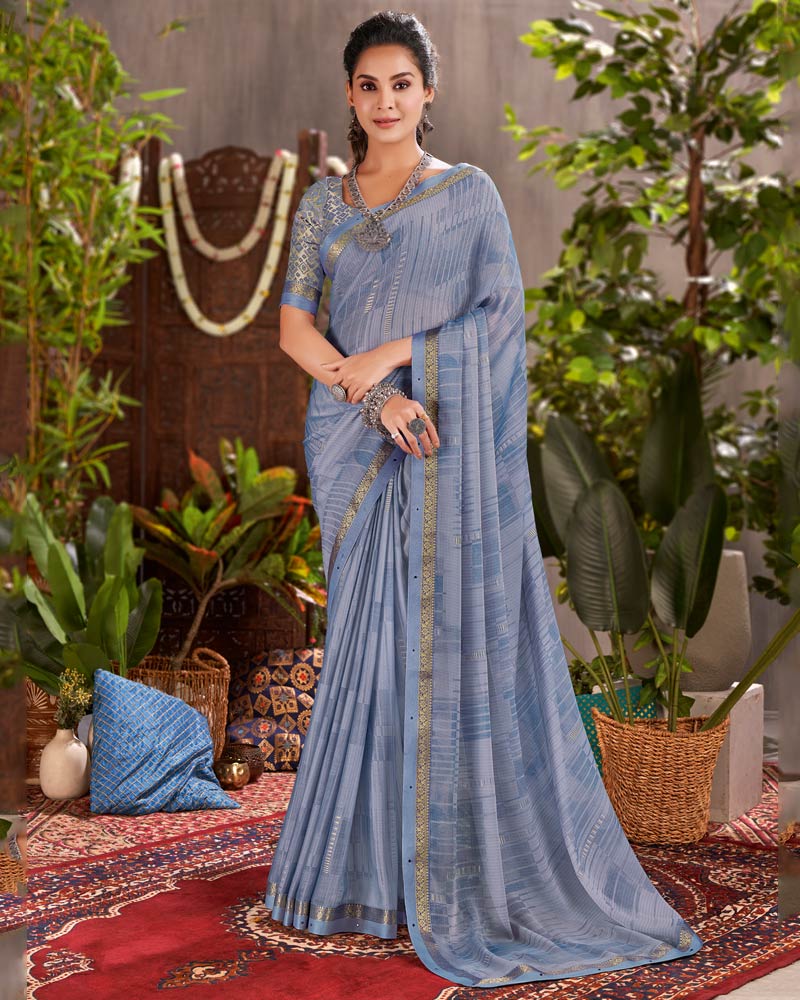 Vishal Prints Rock Blue Designer Fancy Chiffon Saree With Foil Print And Fancy Border