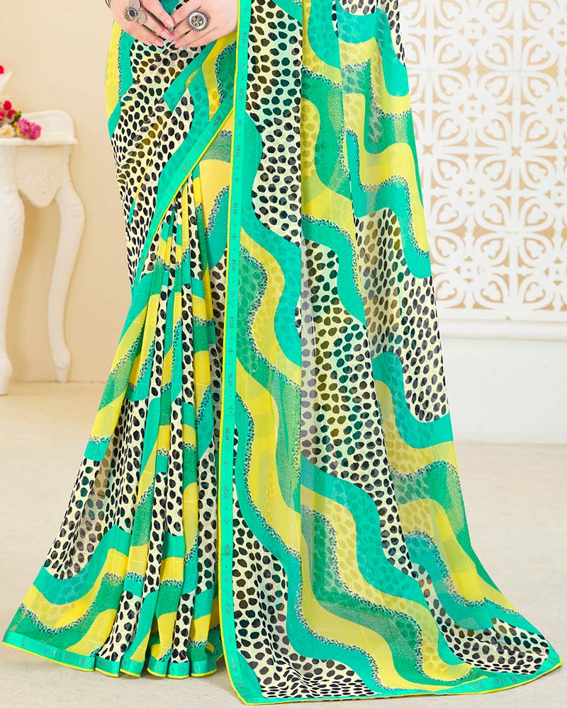 Vishal Prints Turquoise Patterned Georgette Printed Saree With Fancy Border