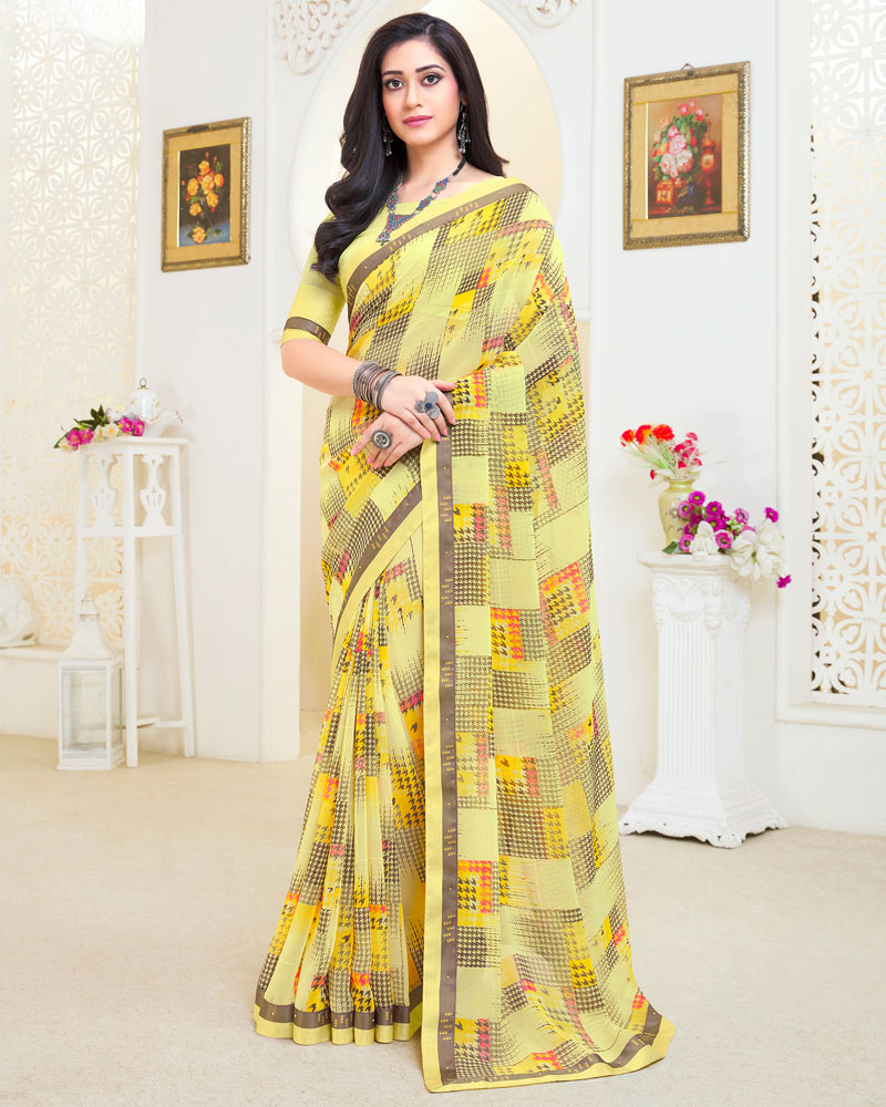 Vishal Prints Yellow Patterned Georgette Printed Saree With Fancy Border