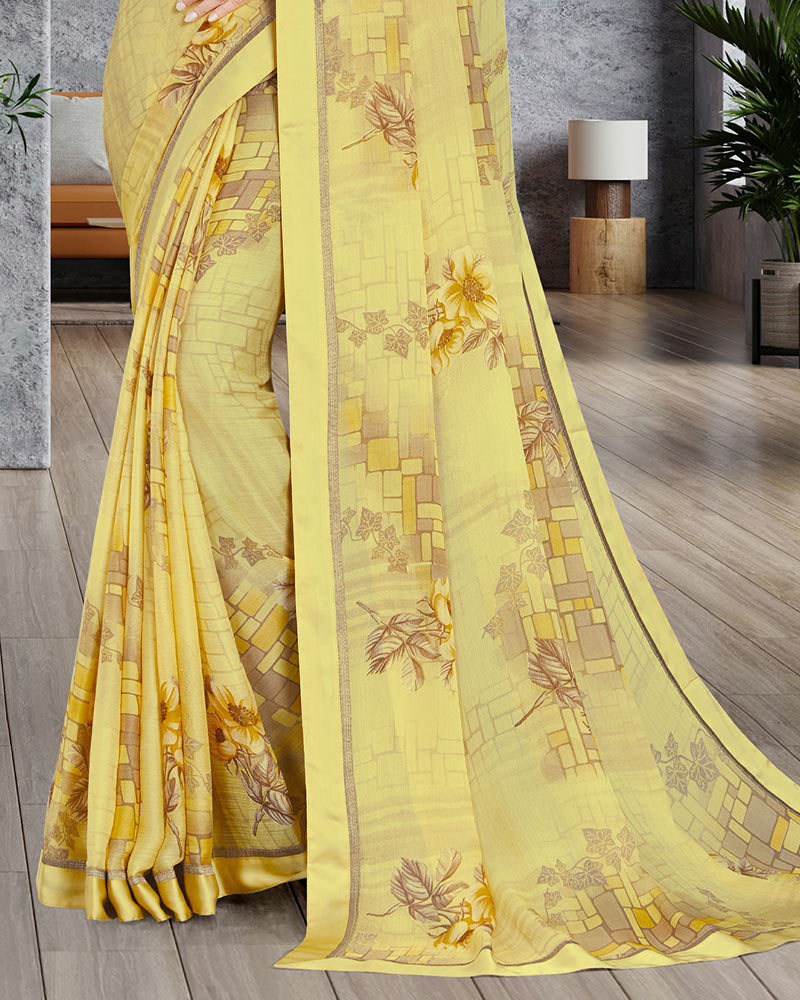 Vishal Prints Light Yellow Printed Chiffon Saree With Border