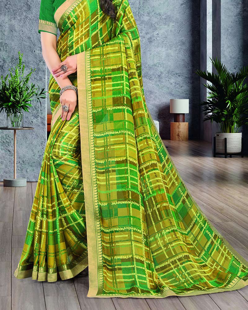 Vishal Prints Olive Yellow Printed Chiffon Saree With Border