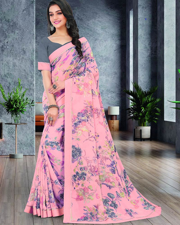 Vishal Prints Light Pink Printed Chiffon Saree With Border