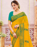 Vishal Prints Golden Yellow Designer Chiffon Saree With Embroidery And Diamond Work