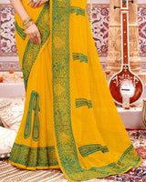 Vishal Prints Golden Yellow Designer Chiffon Saree With Embroidery And Diamond Work