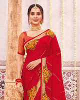 Vishal Prints Cherry Red Designer Chiffon Saree With Embroidery And Diamond Work