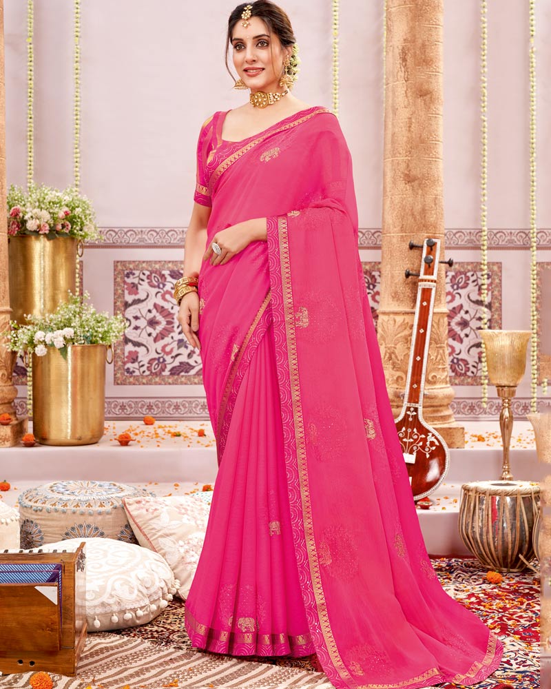 Vishal Prints Pink Designer Chiffon Saree With Embroidery And Diamond Work