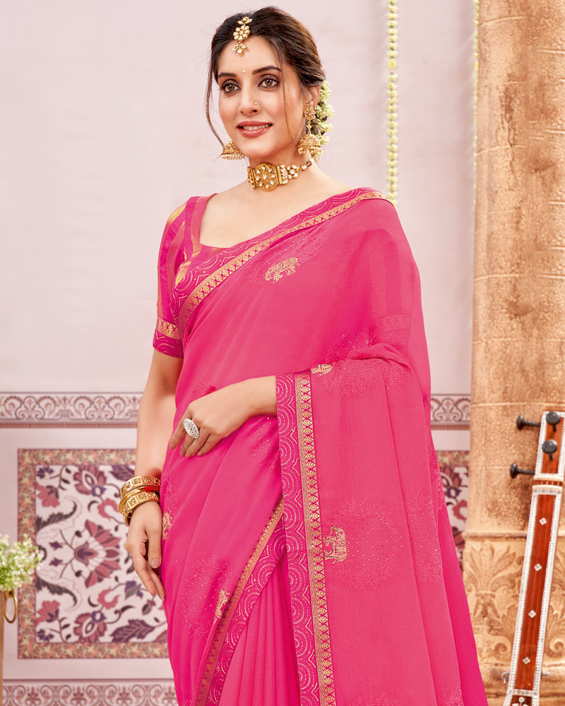 Vishal Prints Pink Designer Chiffon Saree With Embroidery And Diamond Work