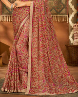 Vishal Prints Beige And Pink Printed Chiffon Saree With Fancy Lace Border