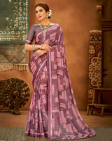 Vishal Prints Dark Mauve Printed Chiffon Saree With Fancy Lace Border
