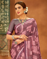 Vishal Prints Dark Mauve Printed Chiffon Saree With Fancy Lace Border