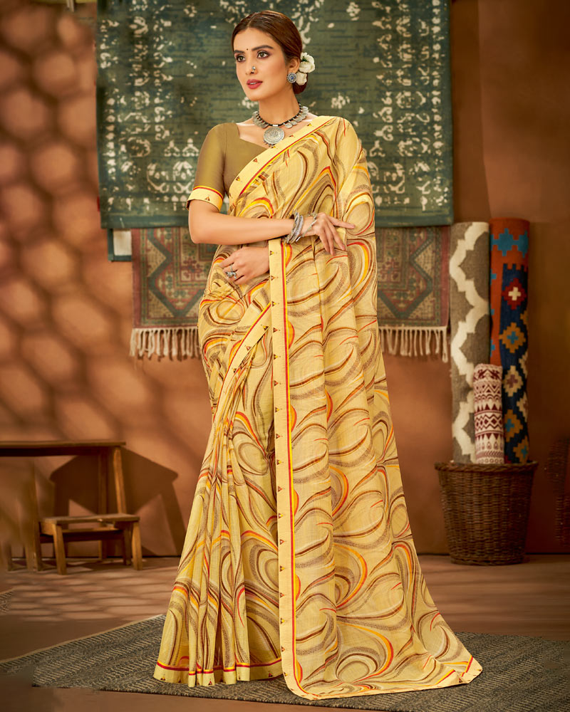 Vishal Prints Light Mustard Printed Chiffon Saree With Fancy Lace Border
