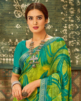 Vishal Prints Green Printed Chiffon Saree With Fancy Lace Border