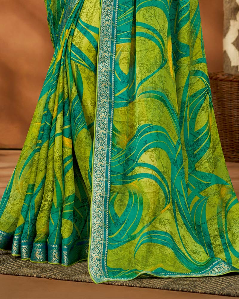 Vishal Prints Green Printed Chiffon Saree With Fancy Lace Border