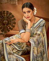 Vishal Prints Grey And Beige Printed Chiffon Saree With Fancy Lace Border
