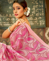 Vishal Prints Rose Pink Printed Chiffon Saree With Fancy Lace Border