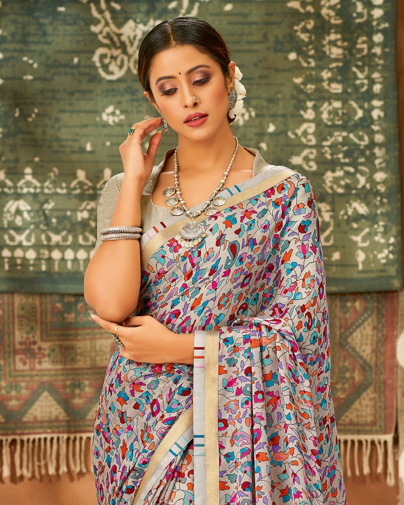 Vishal Prints Multi Printed Chiffon Saree With Fancy Lace Border