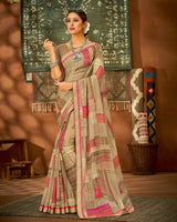 Vishal Prints Beige Printed Chiffon Saree With Fancy Lace Border